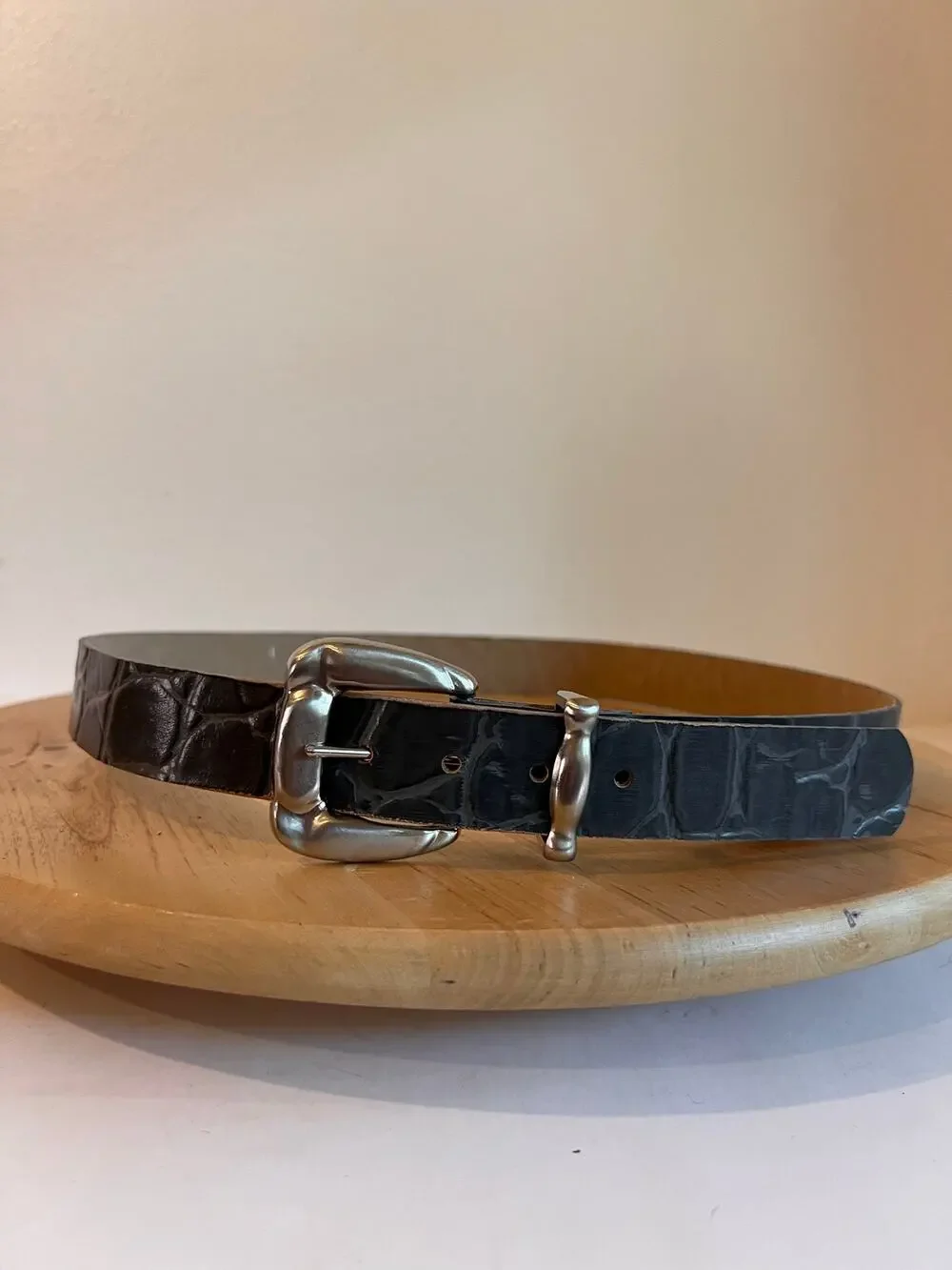 Vintage 90s Gray Vegan Snake Skin Leather Chunky Silver Buckle Belt Size Small